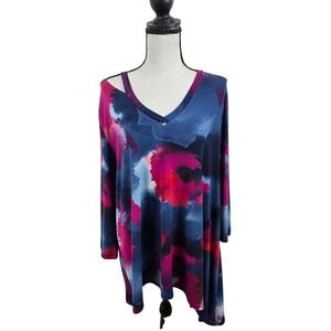 Clara Sunwoo Tunic Top Womens L Blue Pink Abstract Art to Wear Watercolor